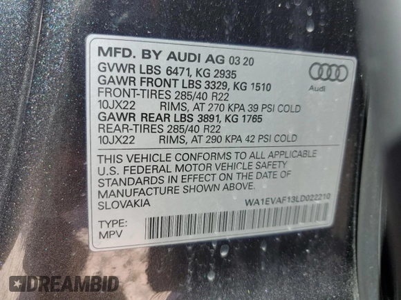 2020 Audi Q8 Premium Plus with VIN WA1EVAF13LD022210, listed as a Copart auction lot 48252815 with 50,034 mi miles and Salvage Title. Bid and sale history available at carsss.com. Image 14.