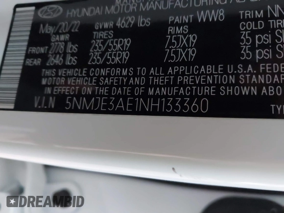 2022 Hyundai Tucson Limited with VIN 5NMJE3AE1NH133360, listed as a IAAI auction lot 41737098 with 74,738 mi miles. Bid and sale history available at carsss.com. Image 9.