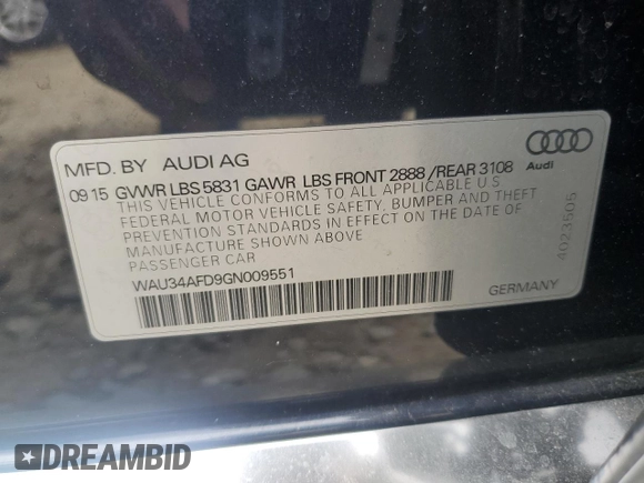 2016 Audi A8 3.0T with VIN WAU34AFD9GN009551, listed as a Copart auction lot 56460955 with 70,246 mi miles and Salvage title. Bid and sale history available at DreamBid. Image 13.