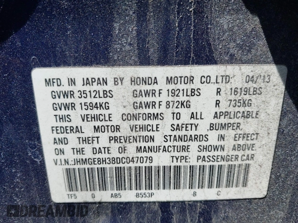 2013 Honda Fit with VIN JHMGE8H38DC047079, listed as a IAAI auction lot 42037073 with 32,794 mi miles. Bid and sale history available at carsss.com. Image 9.
