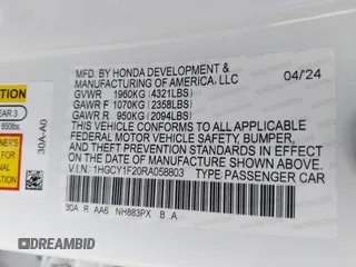 2024 Honda Accord LX z VIN 1HGCY1F20RA058803, wystawiony jako IAAI lot #42059758 z przebiegiem 13 071 mil mil oraz . Historia ofert i sprzedaży dostępna na DreamBid. Obrazek 9.