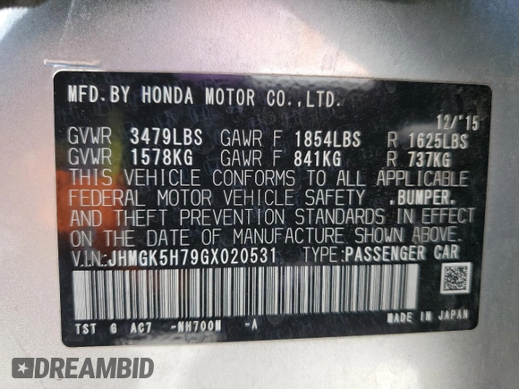 2016 Honda Fit EX with VIN JHMGK5H79GX020531, listed as a Copart auction lot 60224965 with 98,295 mi miles and Salvage title. Bid and sale history available at DreamBid. Image 13.
