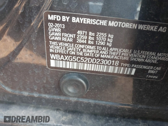 2013 BMW 5 Series 528i with VIN WBAXG5C52DD230018, listed as a IAAI auction lot 41726652 with 85,481 mi miles and . Bid and sale history available at carsss.com. Image 6.