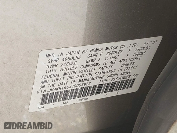2007 Acura RL Technology with VIN JH4KB166X7C003922, listed as a IAAI auction lot 42293820 with 128,671 mi miles and . Bid and sale history available at DreamBid. Image 9.
