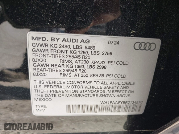 2024 Audi Q5 S line Prestige with VIN WA1FAAFY5R2134976, listed as a IAAI auction lot 42058820 with 3,773 mi miles and . Bid and sale history available at DreamBid. Image 9.