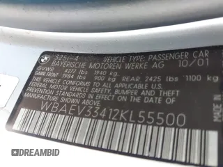 2002 BMW 3 Series 325i with VIN WBAEV33412KL55500, listed as a IAAI auction lot 42008308 with 172,852 mi miles. Bid and sale history available at carsss.com. Image 9.