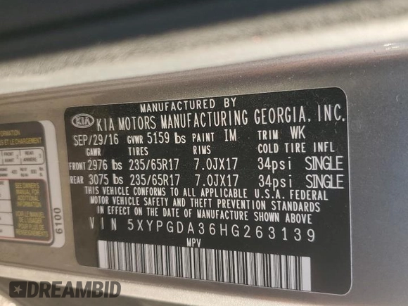 2017 Kia Sorento LX z VIN 5XYPGDA36HG263139, wystawiony jako Copart lot #52196675 z przebiegiem 89 401 mil mil oraz Szkoda całkowita • Salvage title. Historia ofert i sprzedaży dostępna na DreamBid. Obrazek 15.
