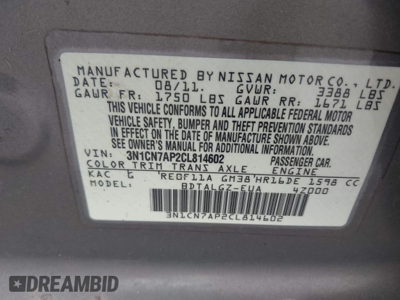 2012 Nissan Versa SL with VIN 3N1CN7AP2CL814602, listed as a IAAI auction lot 41683581 with 160,891 mi miles. Bid and sale history available at carsss.com. Image 9.