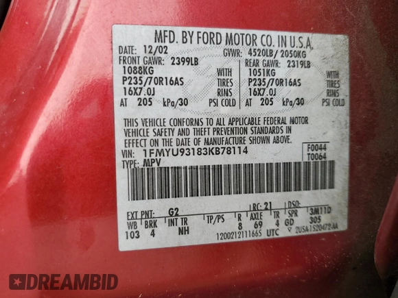 2003 Ford Escape XLT Popular 2 with VIN 1FMYU93183KB78114, listed as a Copart auction lot 73991704 with 316,574 mi miles and Salvage Title. Bid and sale history available at DreamBid. Image 14.