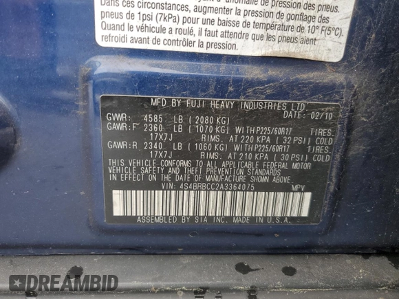 2010 Subaru Outback Premium All-Weather Anniversary with VIN 4S4BRBCC2A3364075, listed as a Copart auction lot 61349545 with 254,358 mi miles and Salvage title. Bid and sale history available at DreamBid. Image 12.
