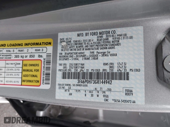 2016 Ford Fusion SE z VIN 3FA6P0H73GR144942, wystawiony jako IAAI lot #42770565 z przebiegiem 42 986 mil mil oraz . Historia ofert i sprzedaży dostępna na DreamBid. Obrazek 9.