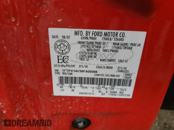 2008 Ford F-150 XLT with VIN 1FTPX14V38FA00086, listed as a Copart auction lot 51097035 with 249,633 mi miles and Salvage Title. Bid and sale history available at carsss.com. Image 13.