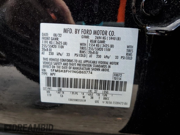 2022 Ford Explorer Limited with VIN 1FMSK8FH1NGB65774, listed as a Copart auction lot 53187045 with 18,464 mi miles and Salvage title. Bid and sale history available at DreamBid. Image 15.