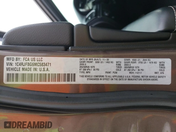 2021 Jeep Grand Cherokee 80th Anniversary with VIN 1C4RJFBG6MC583471, listed as a Copart auction lot 53043325 with 117,046 mi miles and Salvage Title. Bid and sale history available at DreamBid. Image 14.