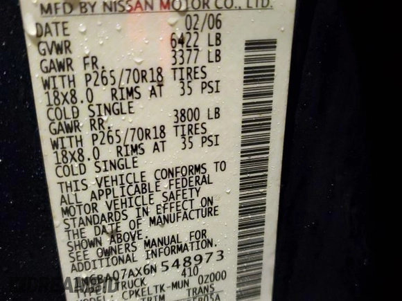 2006 Nissan Titan XE with VIN 1N6BA07AX6N548973, listed as a Copart auction lot 83428574 with 201,887 mi miles and Salvage title. Bid and sale history available at DreamBid. Image 13.