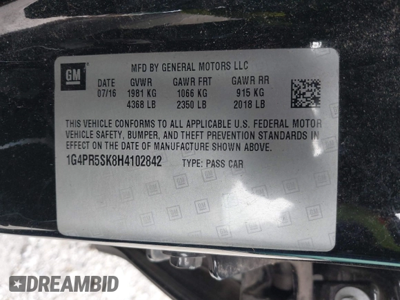 2017 Buick Verano Sport Touring with VIN 1G4PR5SK8H4102842, listed as a IAAI auction lot 41811547 with 77,042 mi miles. Bid and sale history available at carsss.com. Image 9.