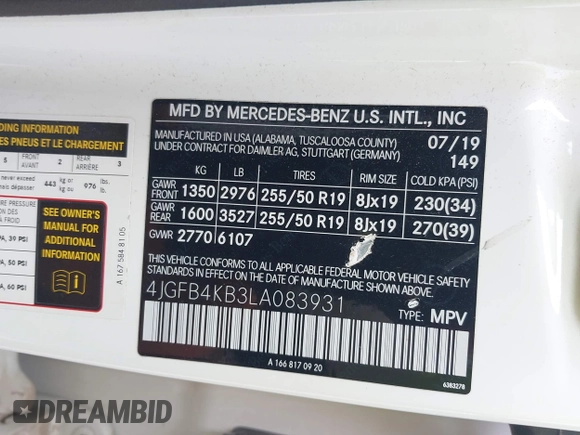 2020 Mercedes-Benz GLE 350 with VIN 4JGFB4KB3LA083931, listed as a IAAI auction lot 41938360 with 127,448 mi miles and . Bid and sale history available at DreamBid. Image 9.