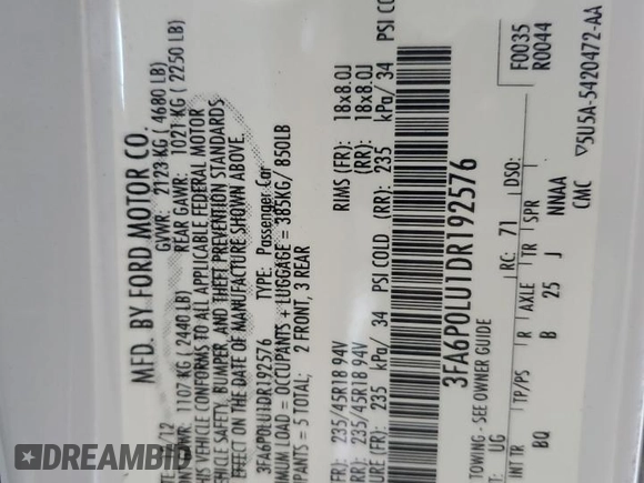 2013 Ford Fusion SE Hybrid with VIN 3FA6P0LU1DR192576, listed as a Copart auction lot 58025775 with 152,155 mi miles and Salvage title. Bid and sale history available at DreamBid. Image 12.