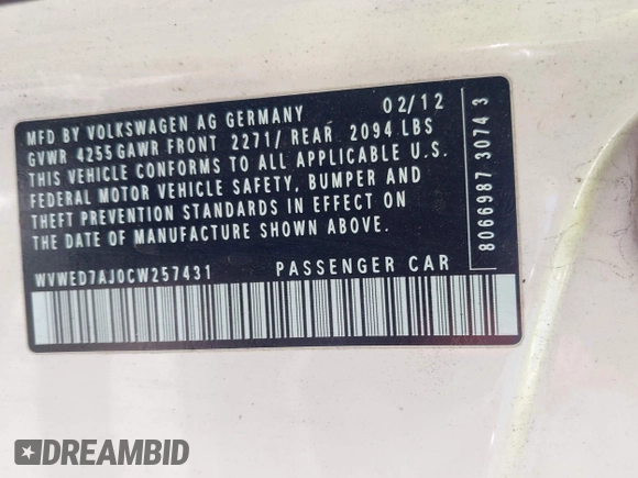 2012 Volkswagen GTI PZEV with VIN WVWED7AJ0CW257431, listed as a IAAI auction lot 42280220 with Not provided miles and . Bid and sale history available at DreamBid. Image 9.