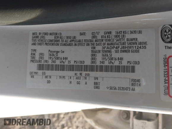 2017 Ford Fiesta Titanium with VIN 3FADP4FJ8HM112435, listed as a IAAI auction lot 41005143 with 75,144 mi miles and . Bid and sale history available at DreamBid. Image 9.