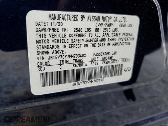 2021 Infiniti Q50 Sensory with VIN JN1EV7CP7MM703492, listed as a Copart auction lot 86268244 with 21,554 mi miles and Salvage title. Bid and sale history available at DreamBid. Image 12.