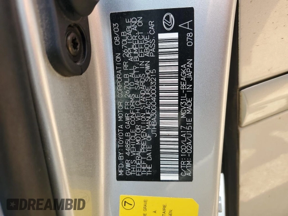 2004 Lexus ES 350 with VIN JTHBA30G040003215, listed as a Copart auction lot 52900415 with 273,355 mi miles and Salvage Title. Bid and sale history available at DreamBid. Image 13.