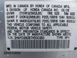 2007 Acura MDX with VIN 2HNYD28287H500383, listed as a IAAI auction lot 41443014 with 97,936 mi miles. Bid and sale history available at carsss.com. Image 9.