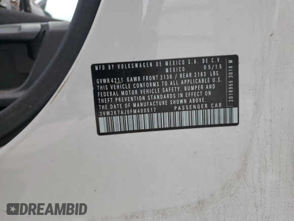 2015 Volkswagen Jetta S with VIN 3VW2K7AJ0FM400517, listed as a Copart auction lot 58368185 with 88,470 mi miles and Salvage title. Bid and sale history available at DreamBid. Image 12.