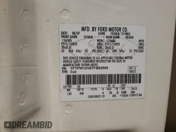 2007 Ford F-150 XLT с VIN 1FTPW12V67FB82595, выставлен на аукционе Copart как лот 58973135 с пробегом 292 855 миль миль и Списание • Salvage title. История ставок и продаж доступна на DreamBid. Изображение 12.