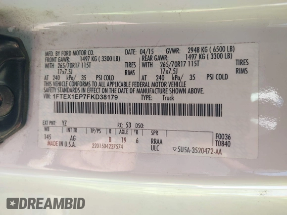 2015 Ford F-150 XLT с VIN 1FTEX1EP7FKD38179, выставлен на аукционе IAAI как лот 41433816 с пробегом 153 496 миль миль и . История ставок и продаж доступна на DreamBid. Изображение 9.