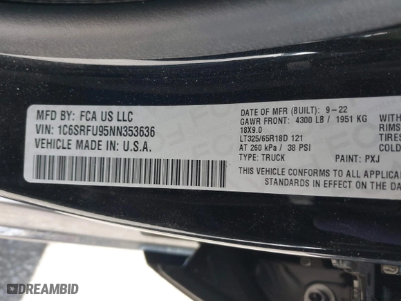 2022 Ram 1500 TRX with VIN 1C6SRFU95NN353636, listed as a IAAI auction lot 41401502 with 41,379 mi miles. Bid and sale history available at carsss.com. Image 9.