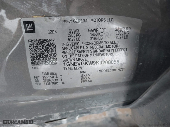 2019 Chevrolet Traverse LT Cloth with VIN 1GNEVGKW9KJ208058, listed as a IAAI auction lot 41265791 with 86,860 mi miles. Bid and sale history available at carsss.com. Image 9.