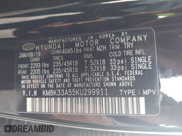 2019 Hyundai Kona Limited with VIN KM8K33A55KU299911, listed as a IAAI auction lot 41933000 with 3,671 mi miles. Bid and sale history available at carsss.com. Image 9.