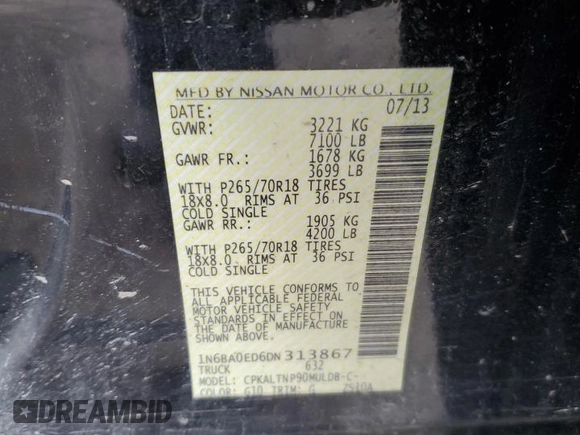 2013 Nissan Titan SL with VIN 1N6BA0ED6DN313867, listed as a Copart auction lot 44257975 with 108,969 mi miles and Salvage Title. Bid and sale history available at carsss.com. Image 12.