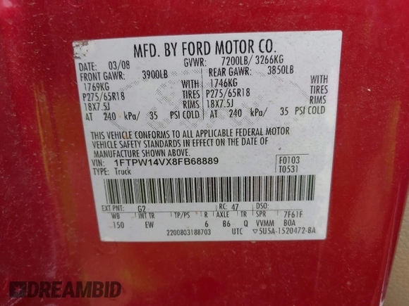 2008 Ford F-150 XLT with VIN 1FTPW14VX8FB68889, listed as a IAAI auction lot 42343325 with 151,428 mi miles and . Bid and sale history available at DreamBid. Image 9.