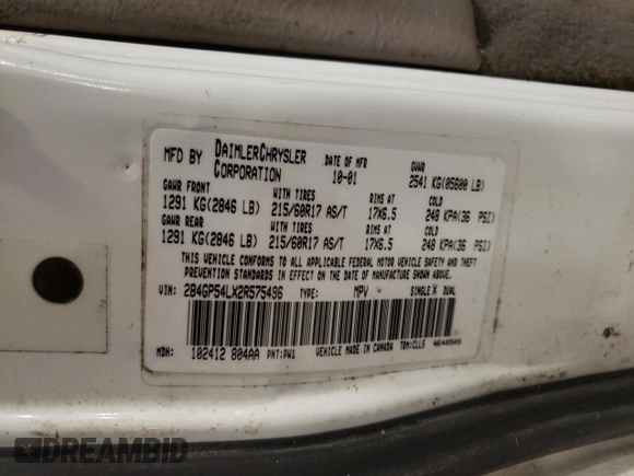 2002 Dodge Caravan ES with VIN 2B4GP54LX2R575496, listed as a Copart auction lot 79402444 with 229,053 mi miles and Non Repairable. Bid and sale history available at carsss.com. Image 15.