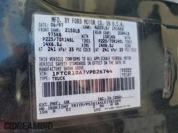 1997 Ford Ranger XLT with VIN 1FTCR10A7VPB26744, listed as a Copart auction lot 50312275 with 196,654 mi miles and Salvage Title. Bid and sale history available at DreamBid. Image 14.