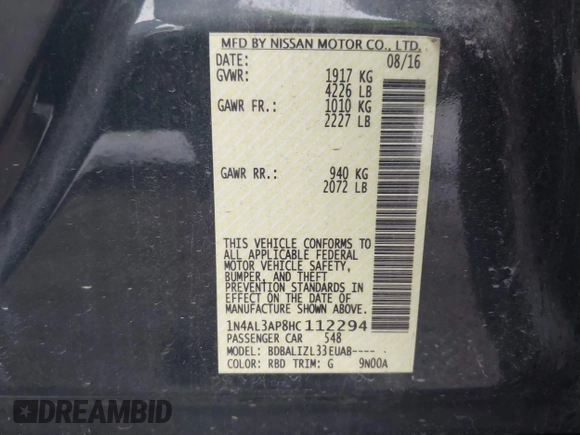 2017 Nissan Altima SV with VIN 1N4AL3AP8HC112294, listed as a IAAI auction lot 41462308 with 139,774 mi miles and . Bid and sale history available at DreamBid. Image 9.