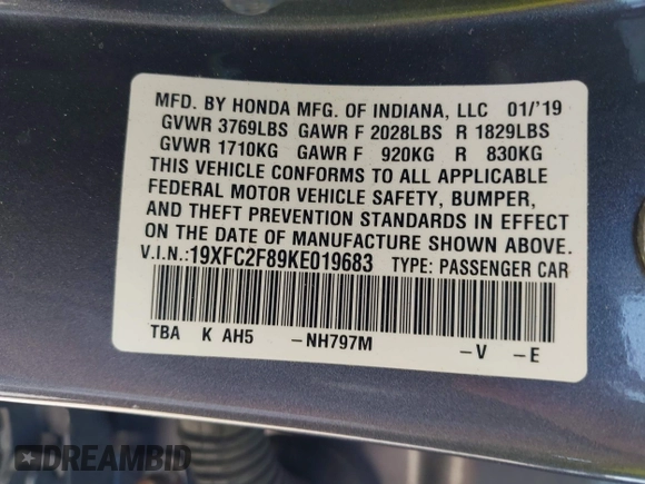 2019 Honda Civic Sport with VIN 19XFC2F89KE019683, listed as a IAAI auction lot 42055871 with 107,941 mi miles and . Bid and sale history available at DreamBid. Image 9.