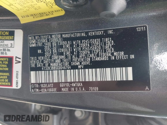 2012 Toyota Venza LE with VIN 4T3ZK3BB5CU046764, listed as a IAAI auction lot 42061276 with 96,237 mi miles. Bid and sale history available at carsss.com. Image 9.