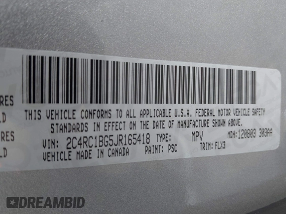 2018 Chrysler Pacifica Touring L with VIN 2C4RC1BG5JR165418, listed as a IAAI auction lot 42143241 with 157,768 mi miles and . Bid and sale history available at DreamBid. Image 9.