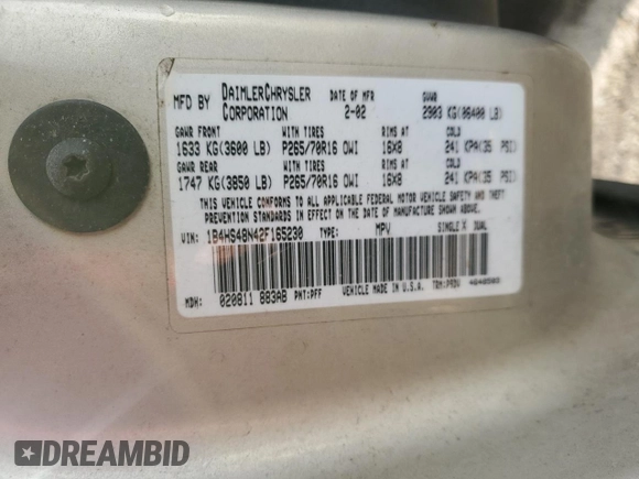 2002 Dodge Durango SLT z VIN 1B4HS48N42F165230, wystawiony jako Copart lot #55493455 z przebiegiem 419 551 mil mil oraz Szkoda całkowita • Salvage title. Historia ofert i sprzedaży dostępna na DreamBid. Obrazek 13.