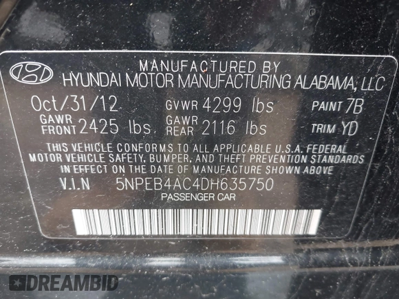 2013 Hyundai Sonata GLS z VIN 5NPEB4AC4DH635750, wystawiony jako IAAI lot #42272757 z przebiegiem 209 281 mil mil oraz . Historia ofert i sprzedaży dostępna na DreamBid. Obrazek 9.