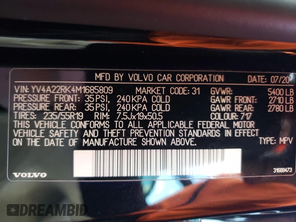 2021 Volvo XC60 Momentum with VIN YV4A22RK4M1685809, listed as a Copart auction lot 77185434 with 47,420 mi miles and Salvage Title. Bid and sale history available at carsss.com. Image 13.