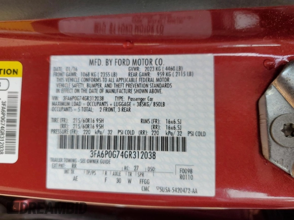 2016 Ford Fusion S z VIN 3FA6P0G74GR312038, wystawiony jako Copart lot #56966455 z przebiegiem 112 480 mil mil oraz Szkody całkowita. Historia ofert i sprzedaży dostępna na DreamBid. Obrazek 12.