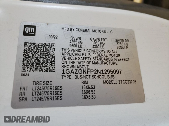 2022 Chevrolet Express Passenger LS with VIN 1GAZGNFP2N1295097, listed as a Copart auction lot 42342675 with 39,207 mi miles and Clean title. Bid and sale history available at DreamBid. Image 13.