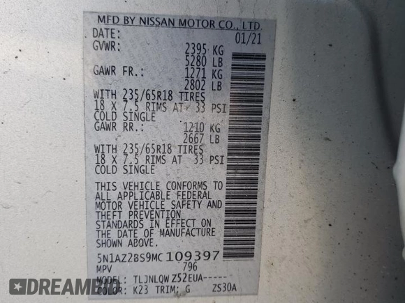 2021 Nissan Murano SV with VIN 5N1AZ2BS9MC109397, listed as a Copart auction lot 86987354 with 64,840 mi miles and Salvage Title. Bid and sale history available at DreamBid. Image 15.