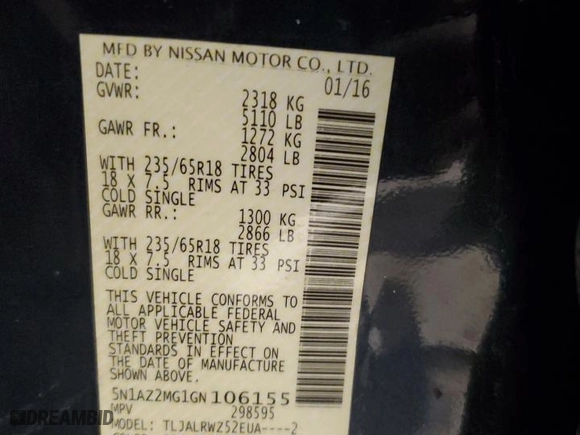 2016 Nissan Murano S with VIN 5N1AZ2MG1GN106155, listed as a Copart auction lot 87848565 with 149,021 mi miles and Salvage Title. Bid and sale history available at carsss.com. Image 13.