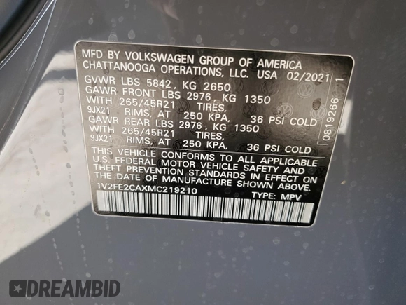 2021 Volkswagen Atlas SEL Premium R-Line z VIN 1V2FE2CAXMC219210, wystawiony jako Copart lot #62213275 z przebiegiem 43 170 mil mil oraz Szkoda całkowita • Salvage title. Historia ofert i sprzedaży dostępna na DreamBid. Obrazek 12.