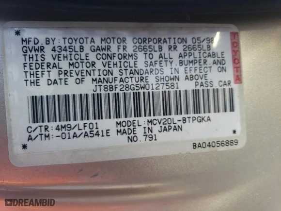 1998 Lexus ES 300 Luxury Sport Sdn with VIN JT8BF28G5W0127581, listed as a Copart auction lot 79953124 with 288,803 mi miles and Salvage Title. Bid and sale history available at carsss.com. Image 12.